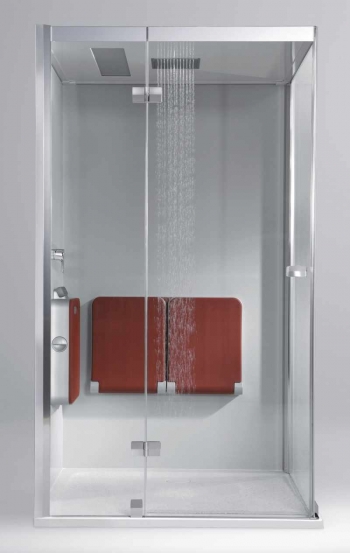 Dampfdusche in Frontalansicht mit rotem Sitz 
